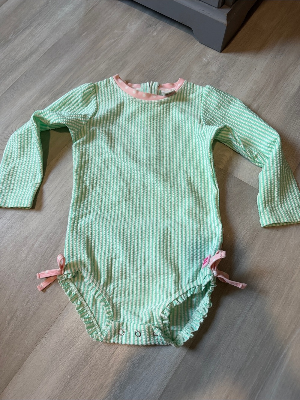 Ruffle Butts Mint Green One-Piece Bodysuit with Pink Trim size 3T